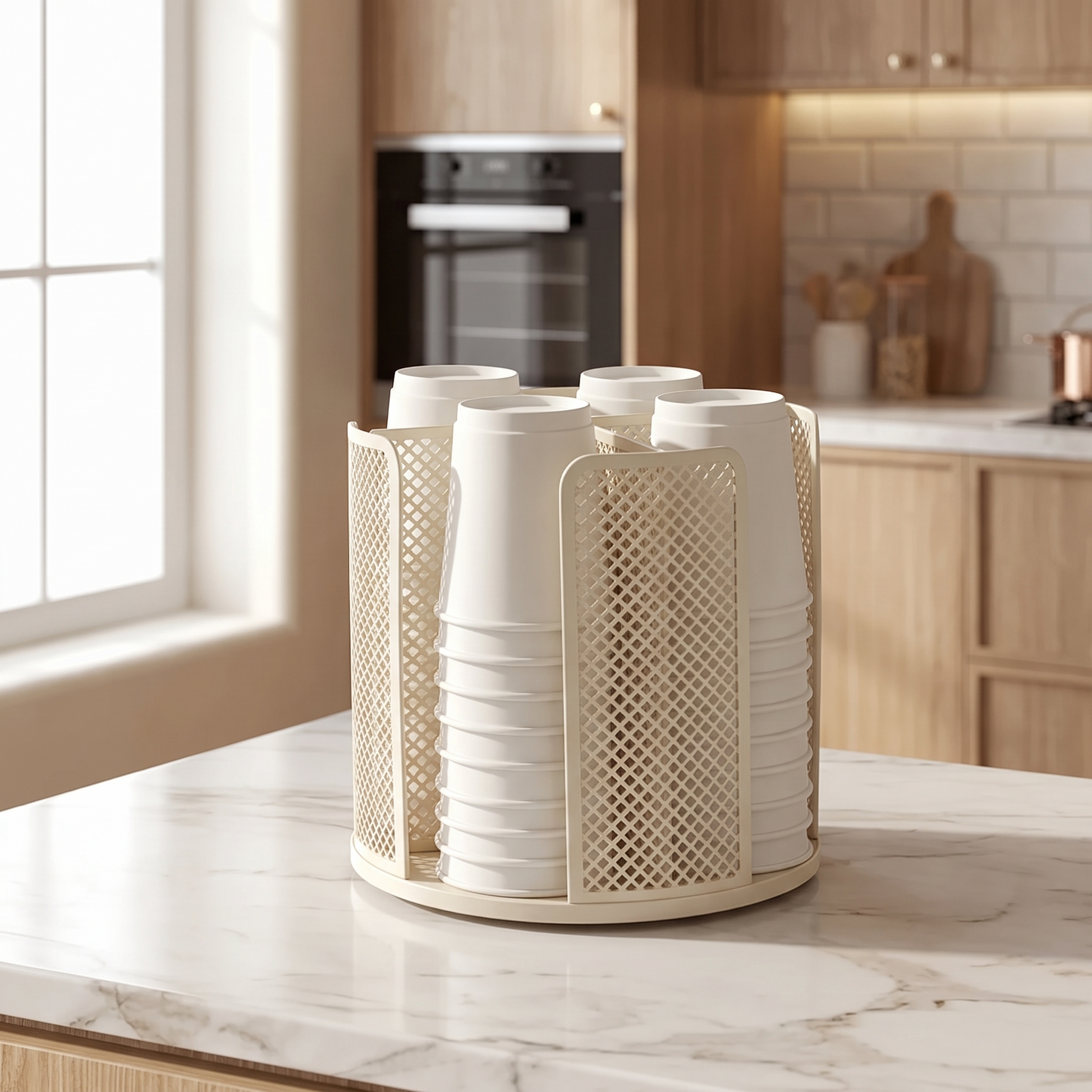 White rotating four-compartment organizer holding paper cups