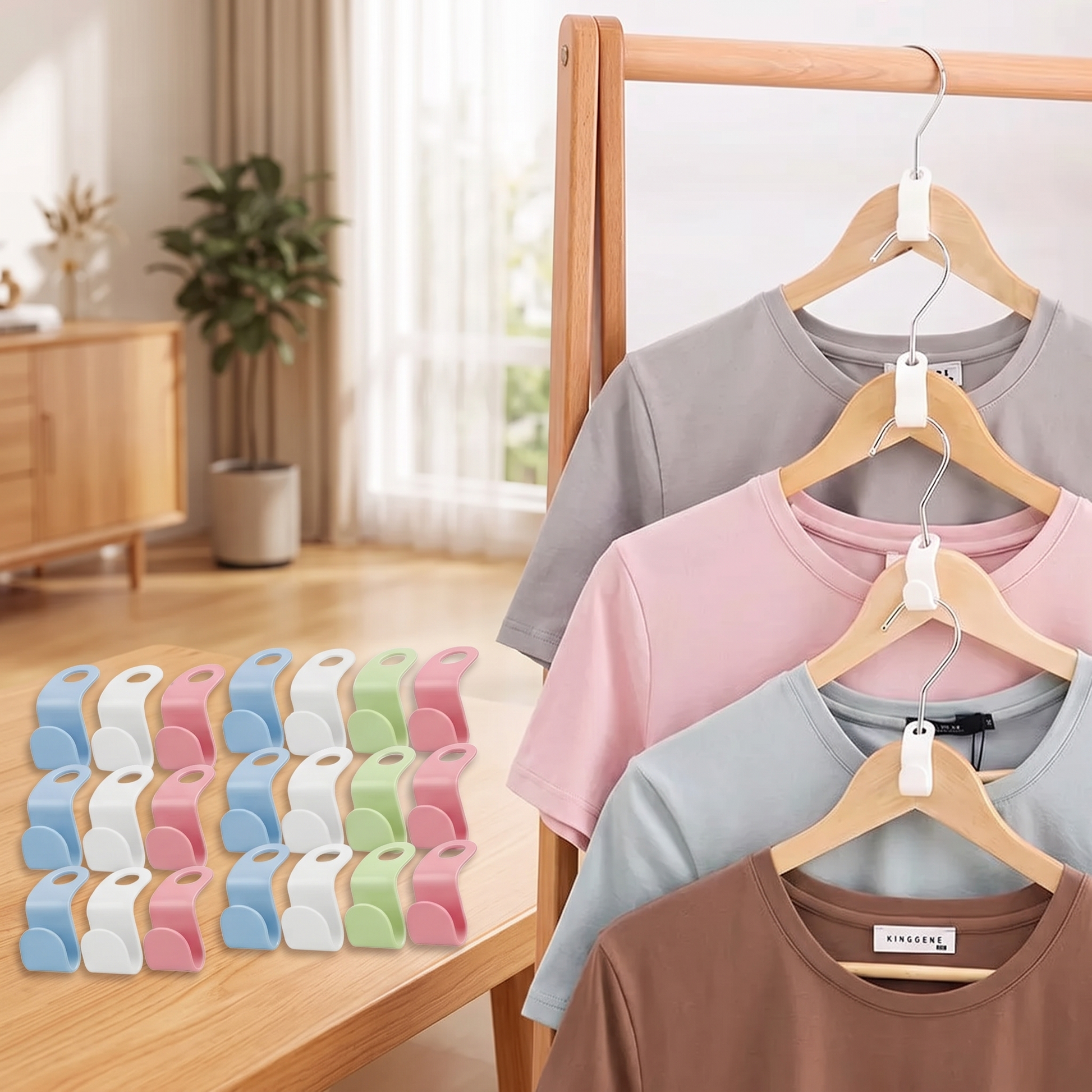 Cascading connector hooks organizing shirts on closet hangers