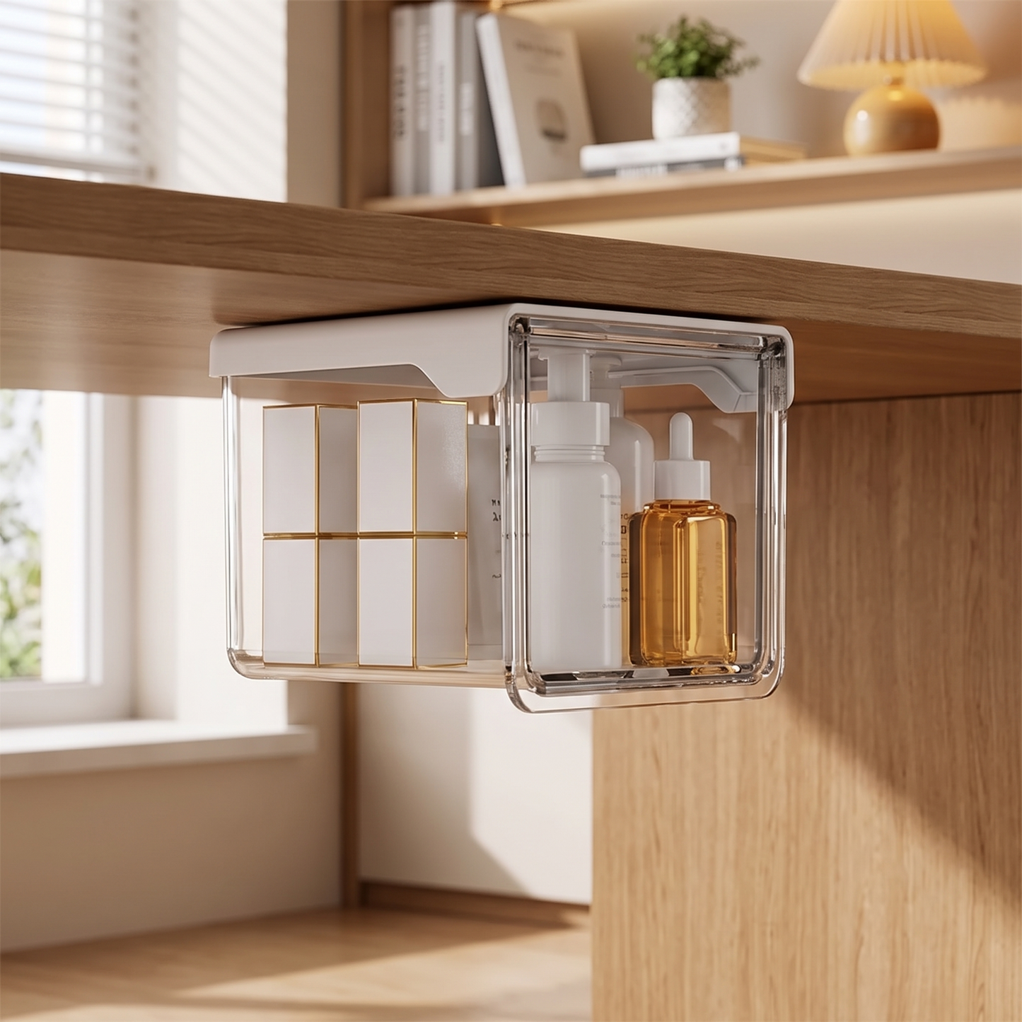 Small transparent under-shelf drawer viewed from the side