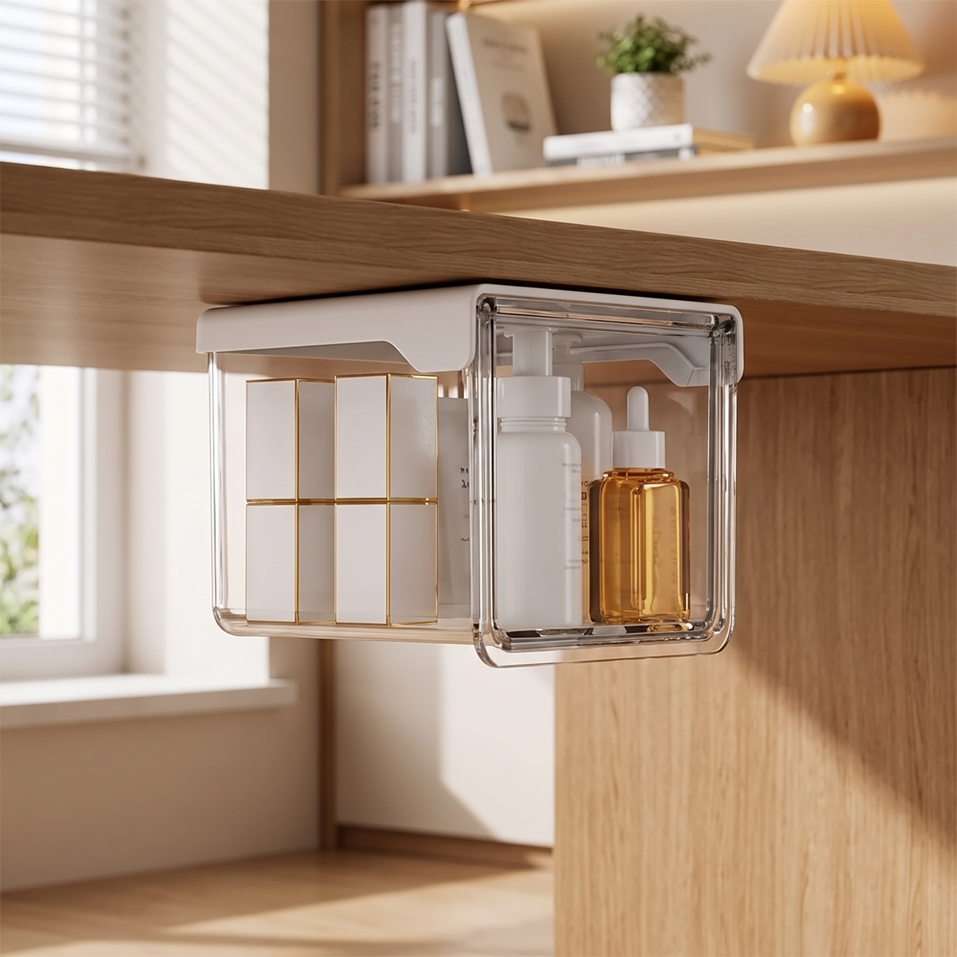 Small transparent under-shelf drawer viewed from the side