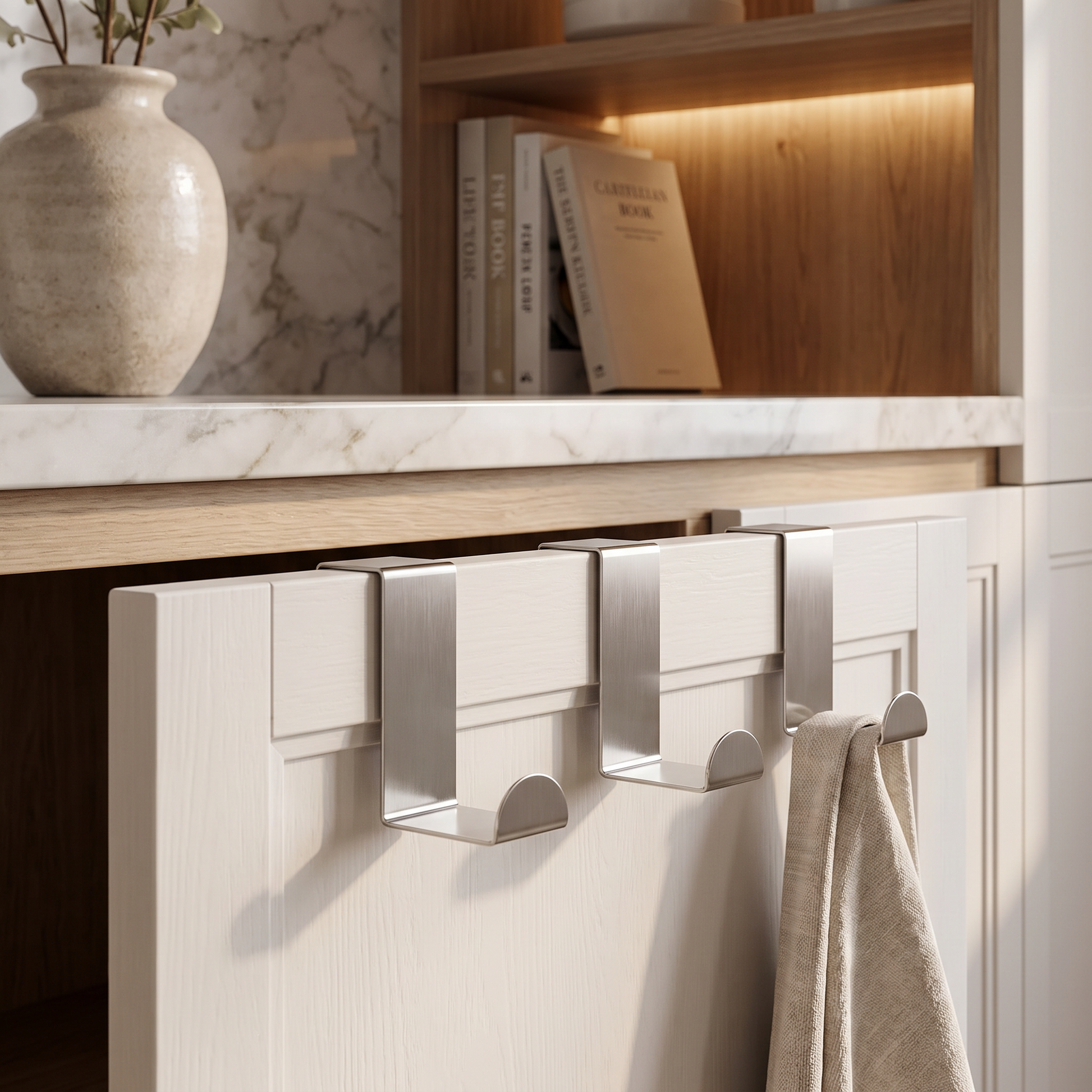 Reversible cabinet hooks holding small towels