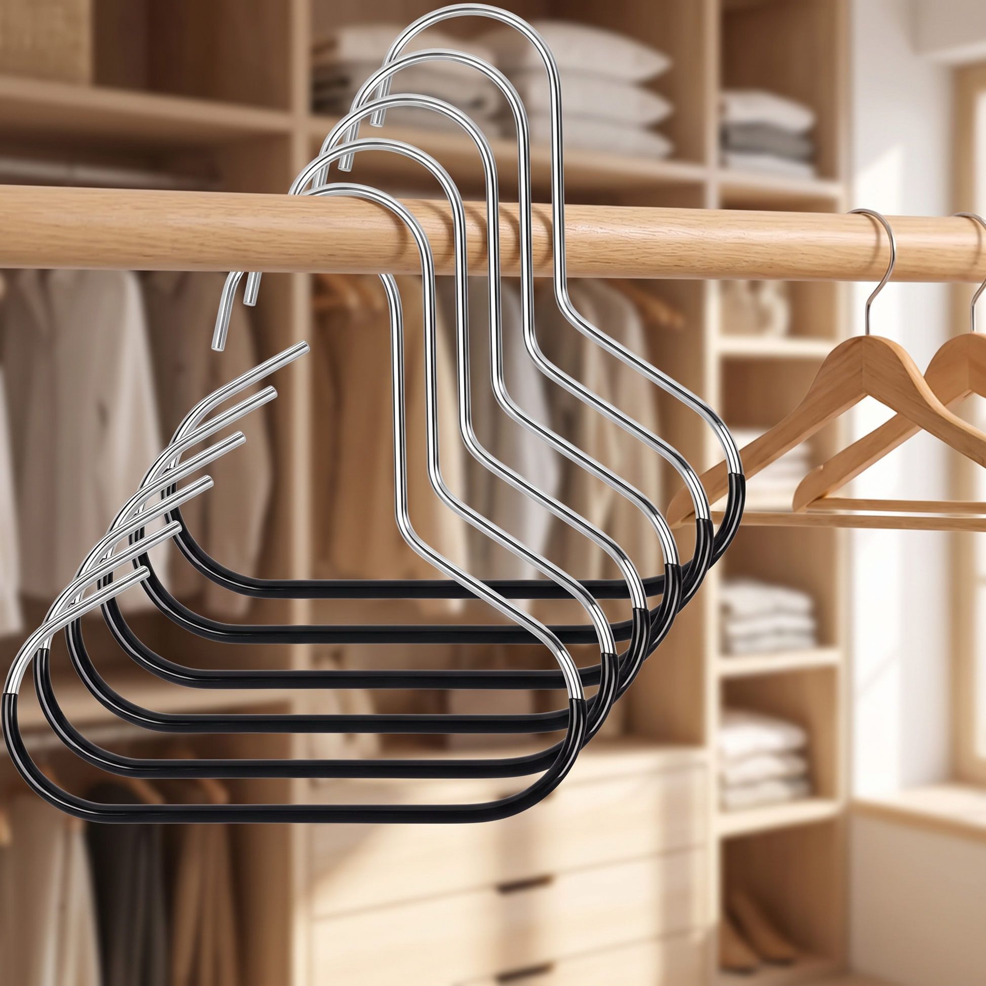Six black circular closet hangers for hats, belts, and ties