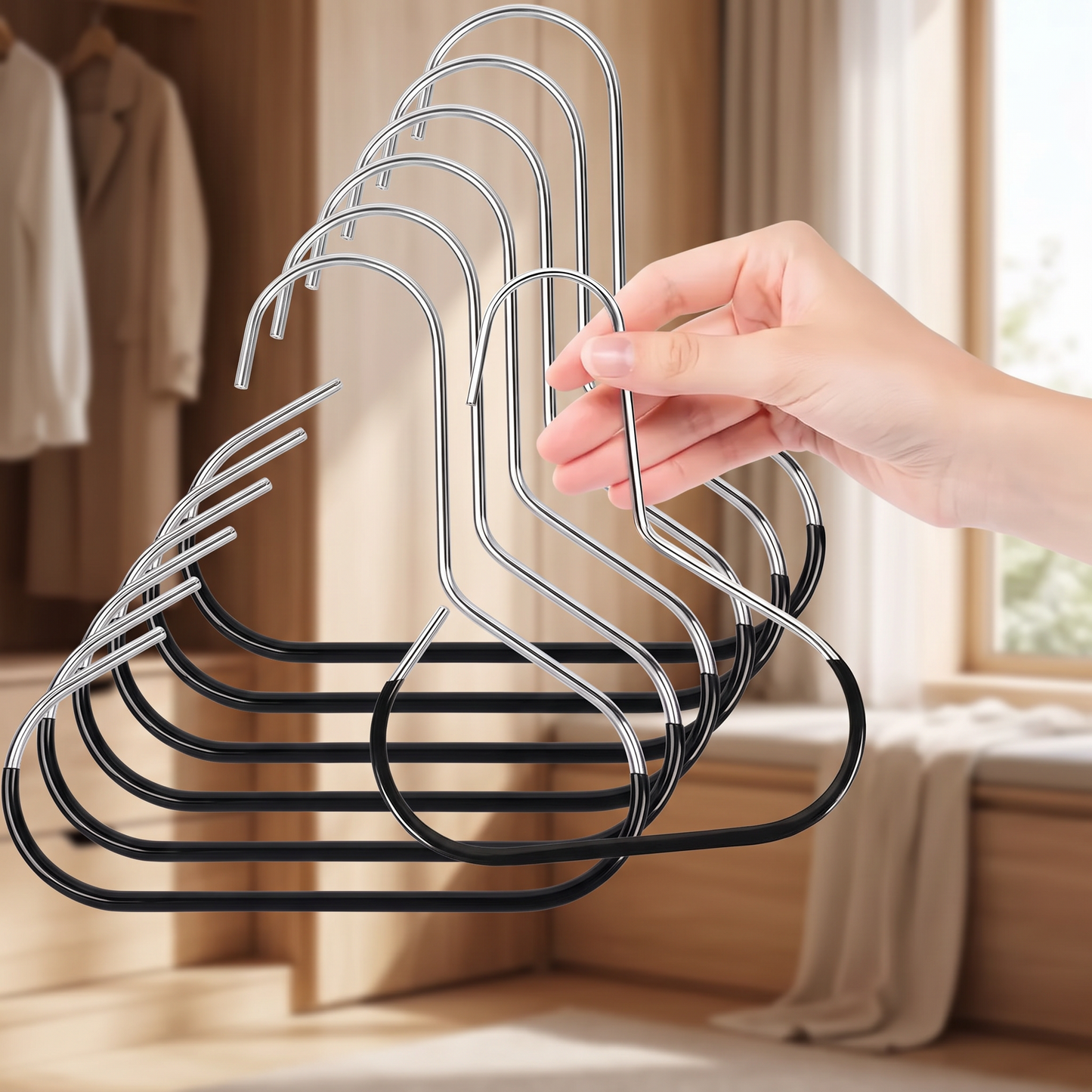 Hand lifting one black circular accessory hanger from a six-piece set