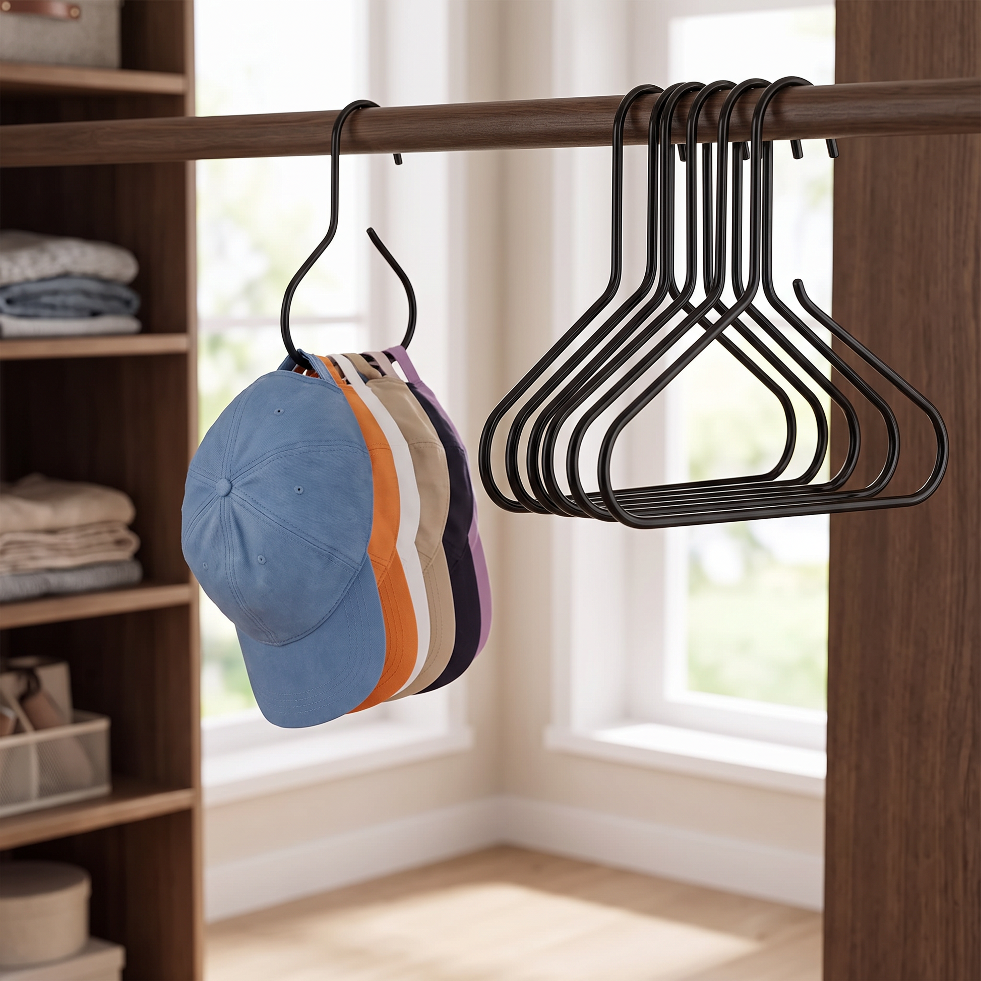Black circular closet hanger holding several caps