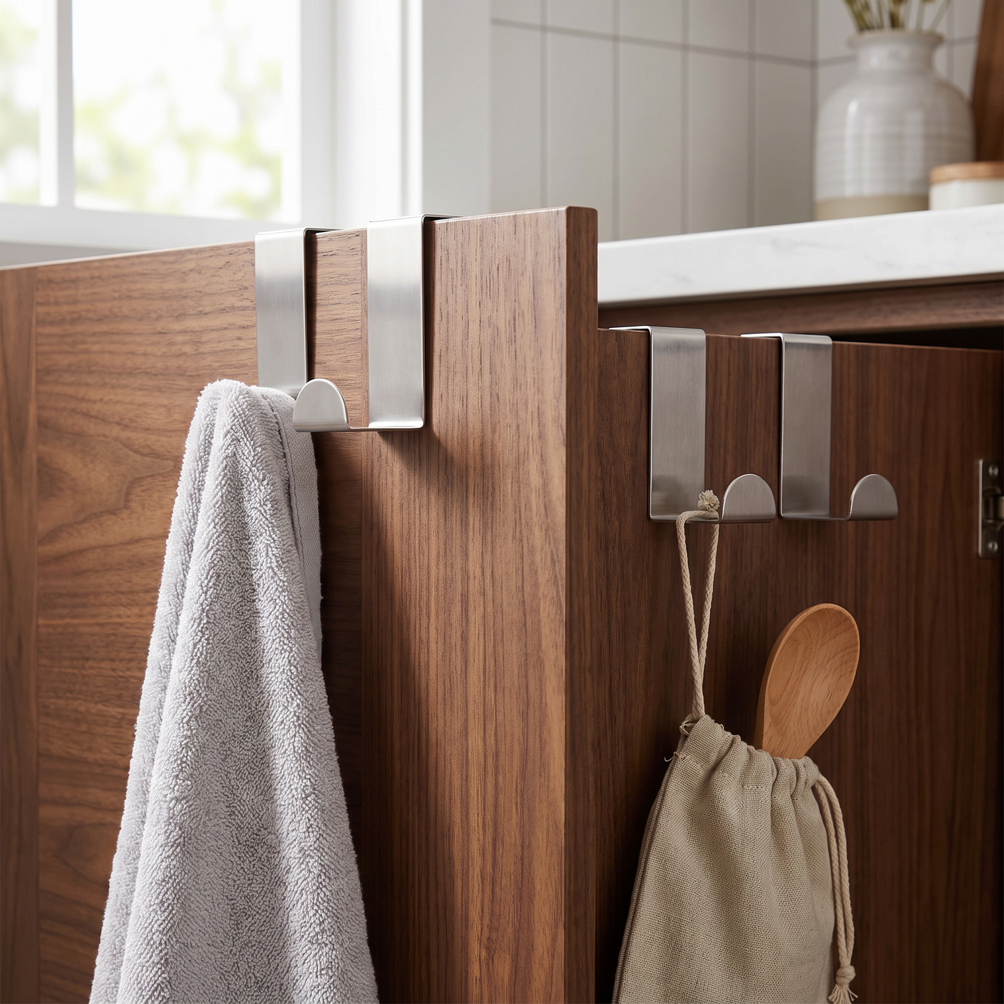 Reversible hooks used inside and outside cabinet doors
