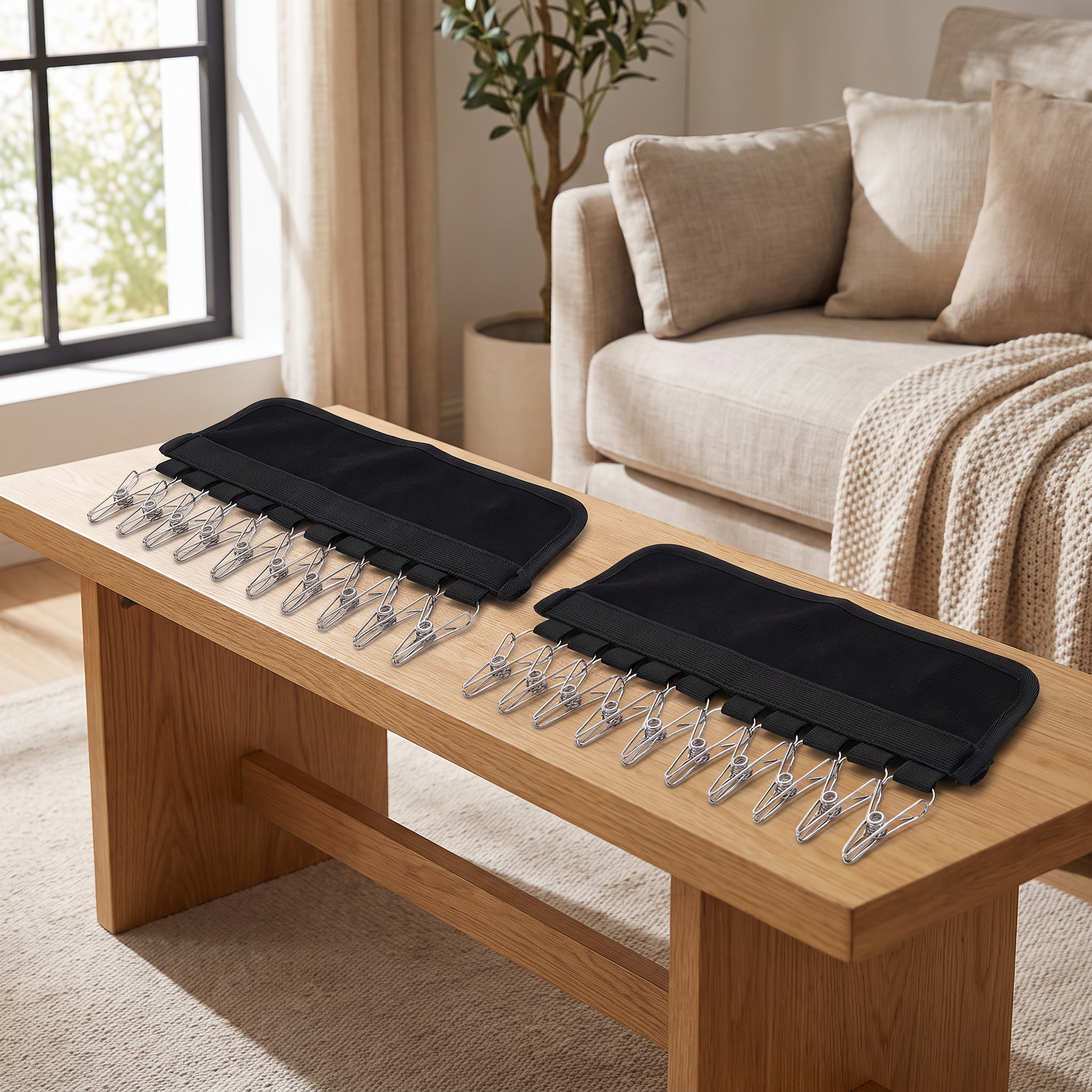 Two black multi-clip drying racks laid flat with their metal clips visible